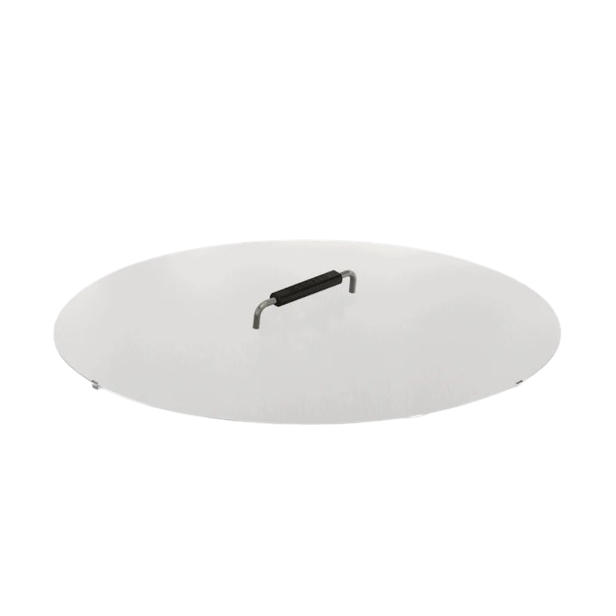 Round metal fire pit lid with black handle designed for outdoor tools and home improvement use