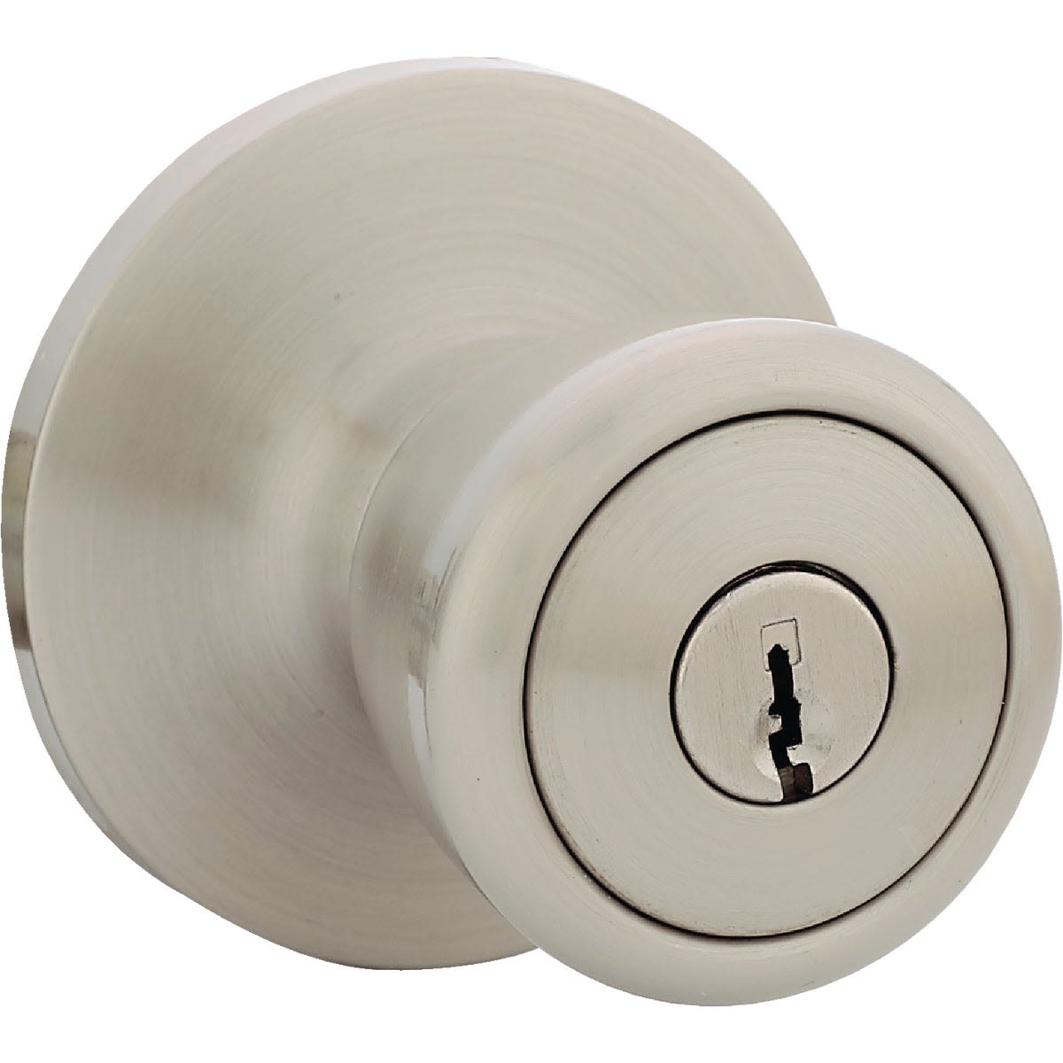 Brushed nickel tulip-shaped entry door knob with keyed lock for doors in hardware and home improvement collections