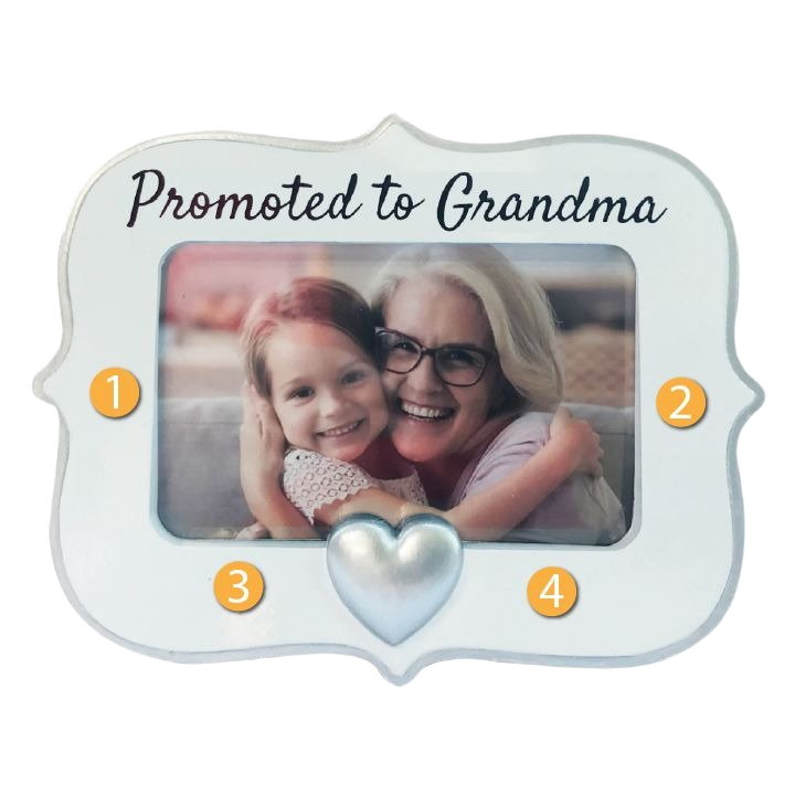 White photo frame ornament with "Promoted to Grandma" text and silver heart from Christmas Ornaments & Tree Decorations collection