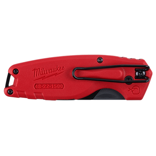 Compact red folding utility knife with belt clip, ergonomic design, ideal for woodworking and cutting tools collections