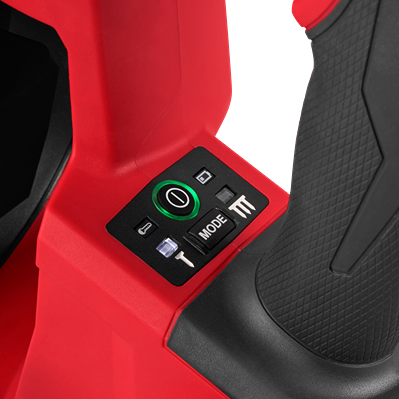 Close-up of black mode selector and power buttons on red cordless coil roofing nailer handle for home improvement tools