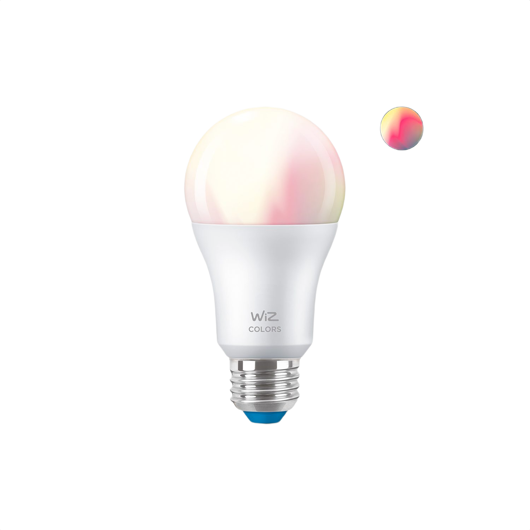 White smart LED bulb with smooth rounded top displaying soft pastel color gradient for home lighting