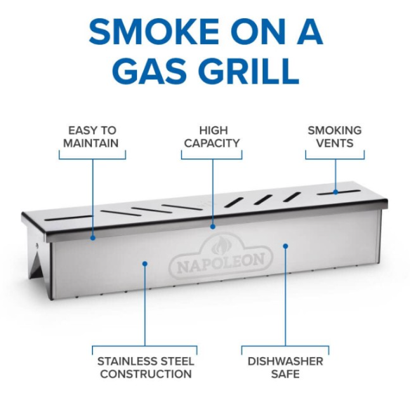 Rectangular stainless steel smoker box with vented lid, dishwasher safe and designed for easy maintenance, high capacity, and gas grill smoking.
