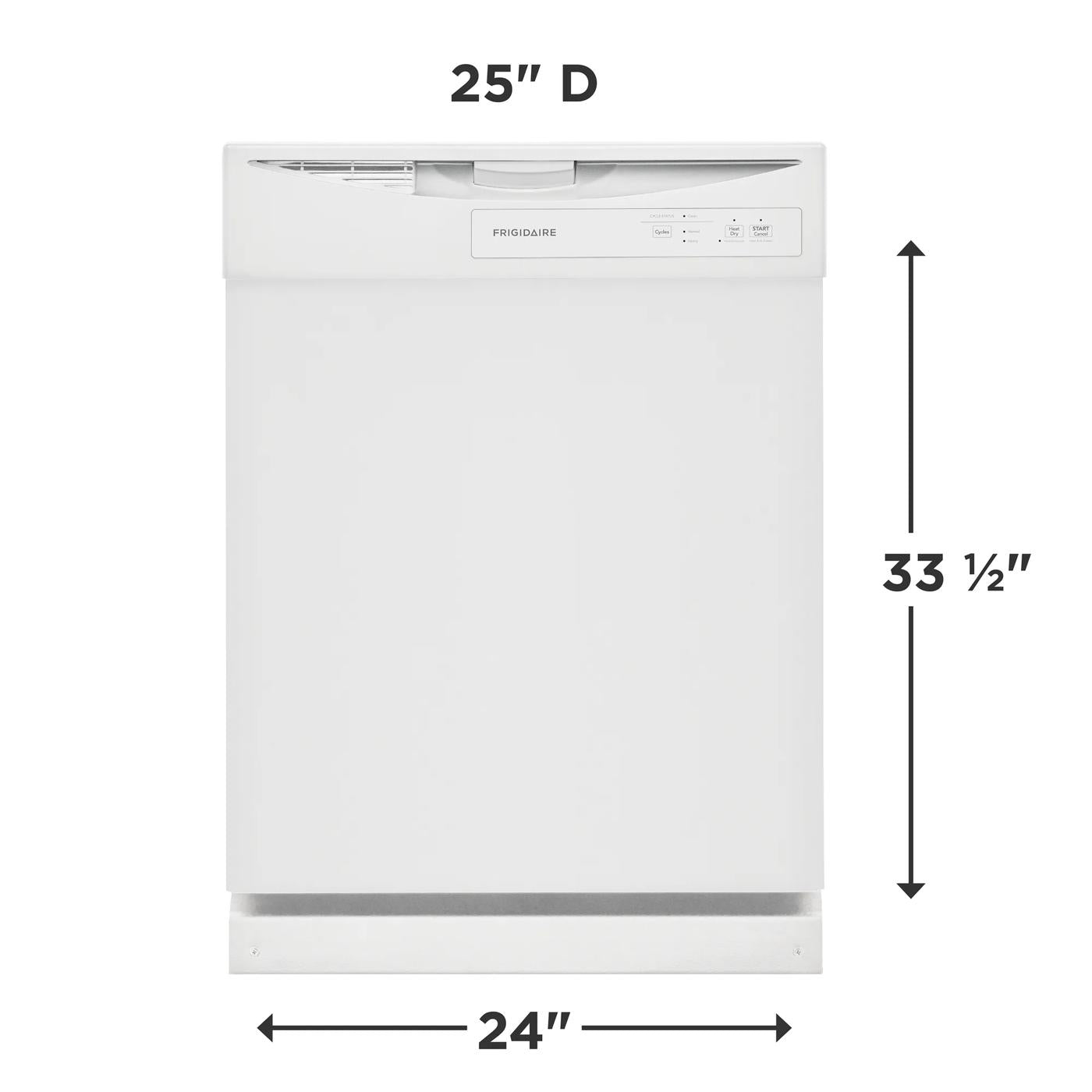 White built-in dishwasher front view with control panel and labeled dimensions for kitchen and home improvement use