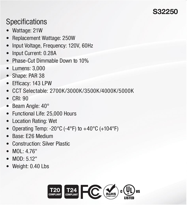 Specifications label for a 21W PAR38 LED bulb showing voltage, dimmable feature, lifespan, and beam angle details