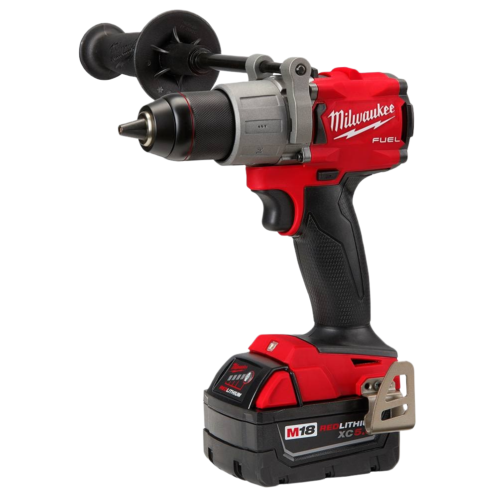 Red and black Milwaukee cordless drill driver with side handle and rechargeable lithium battery for tools and home improvement tasks
