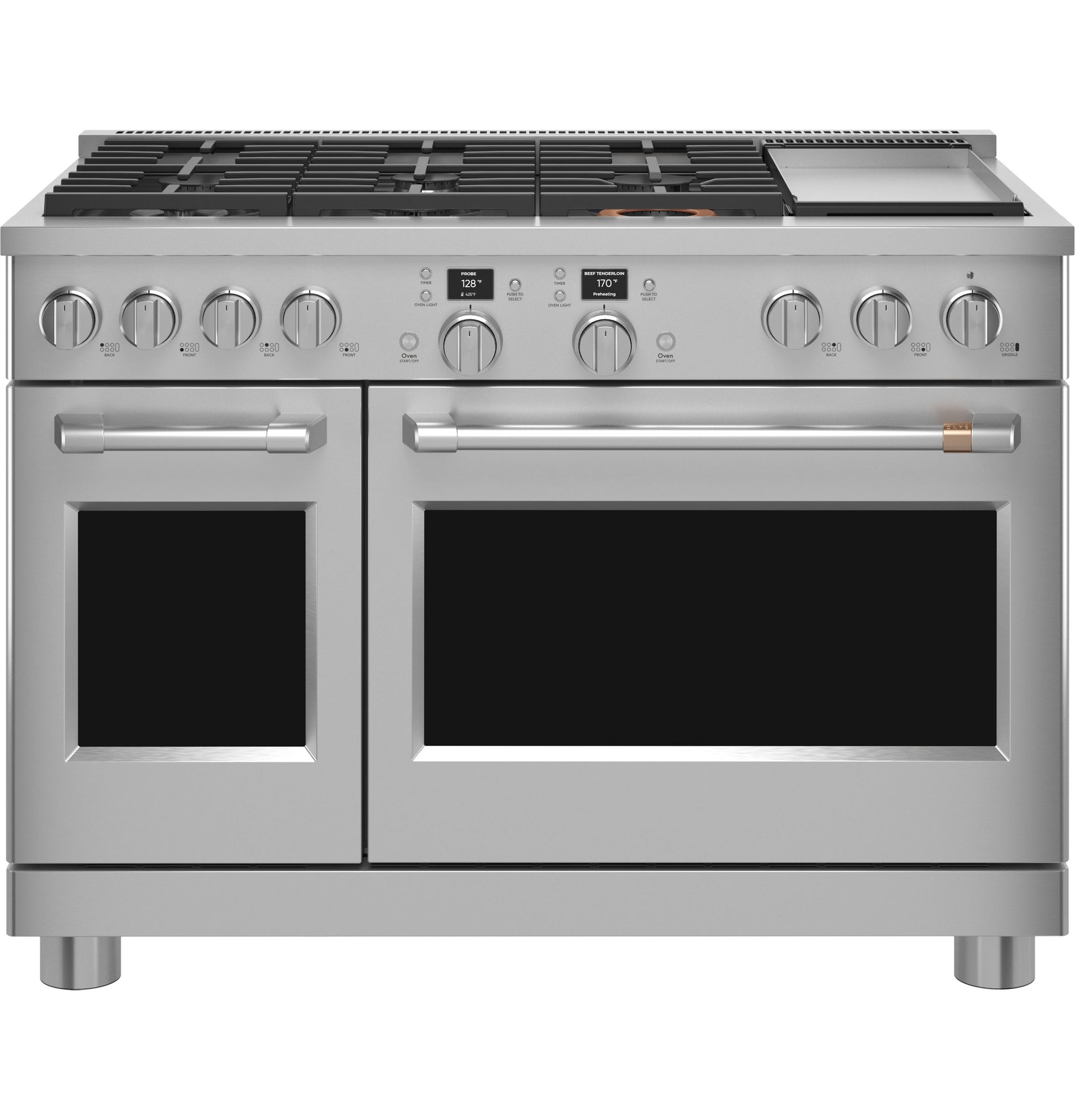 Front view of stainless steel commercial-style dual-fuel range with six burners, griddle, and digital controls in appliances collection
