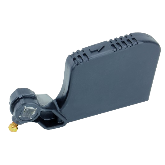 Black plastic and metal replacement pedal part designed for outdoor equipment maintenance and repair