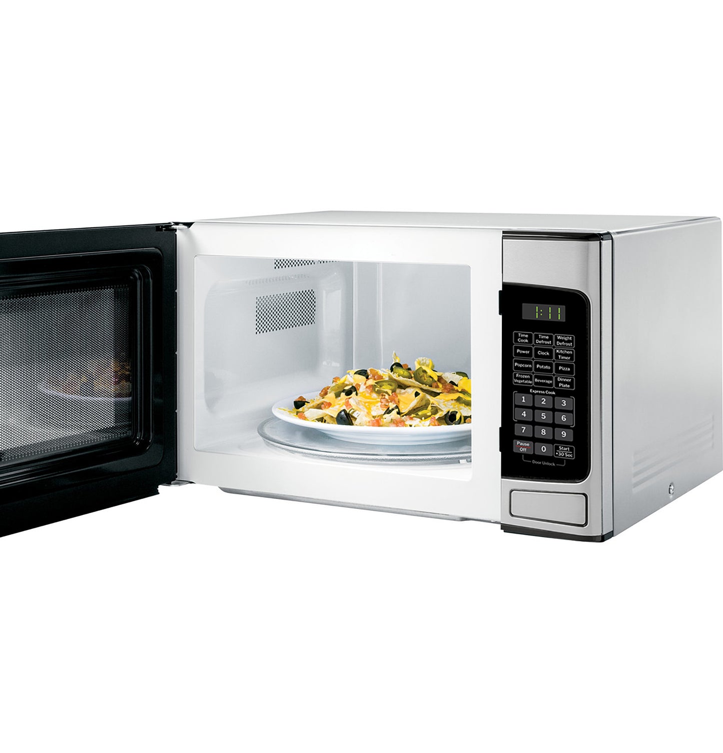 White countertop microwave with digital keypad and open door showing plate of nachos inside in appliances collection