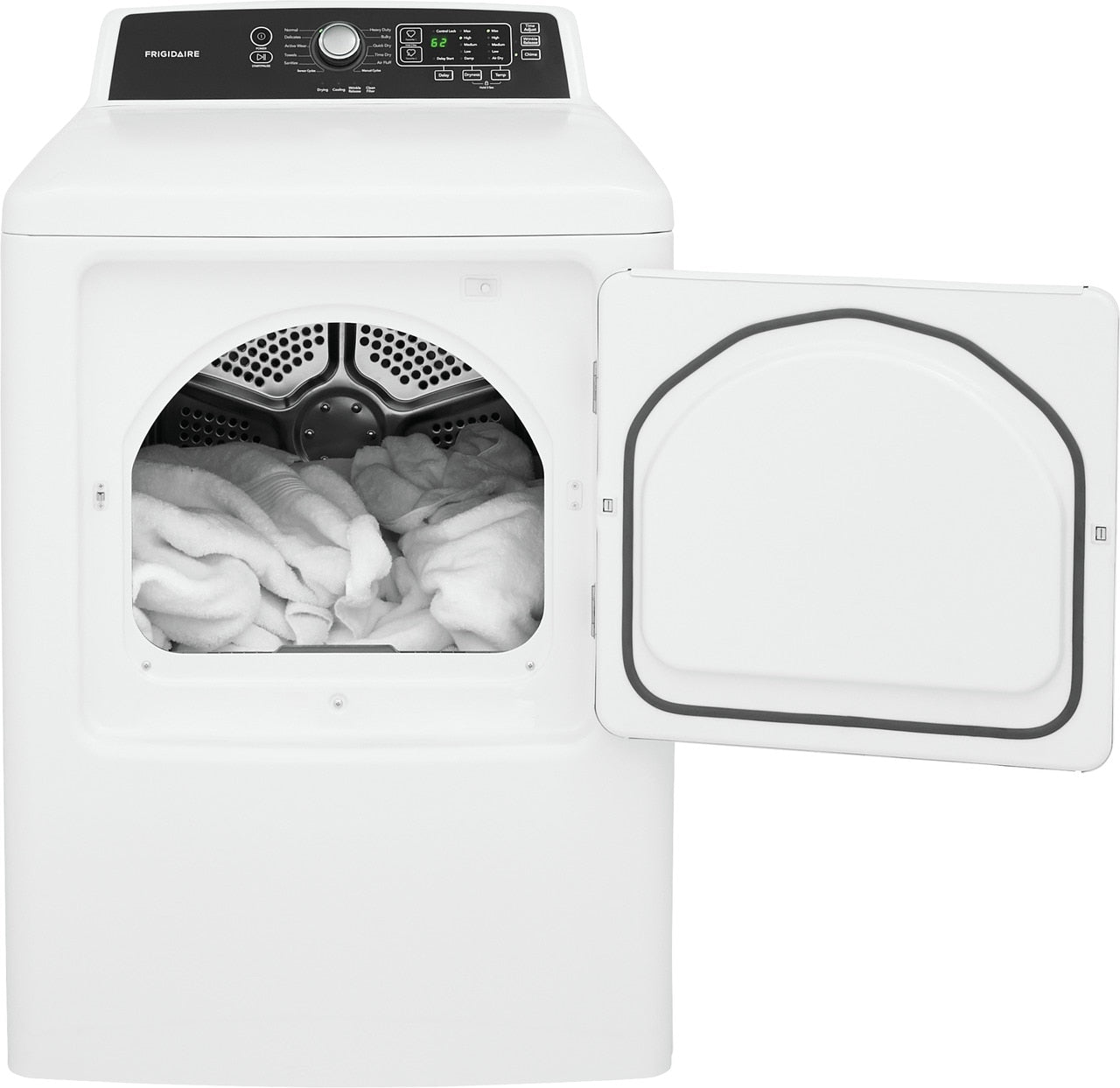 White large capacity free standing gas dryer with open door showing soft laundry from dryers and appliances collection