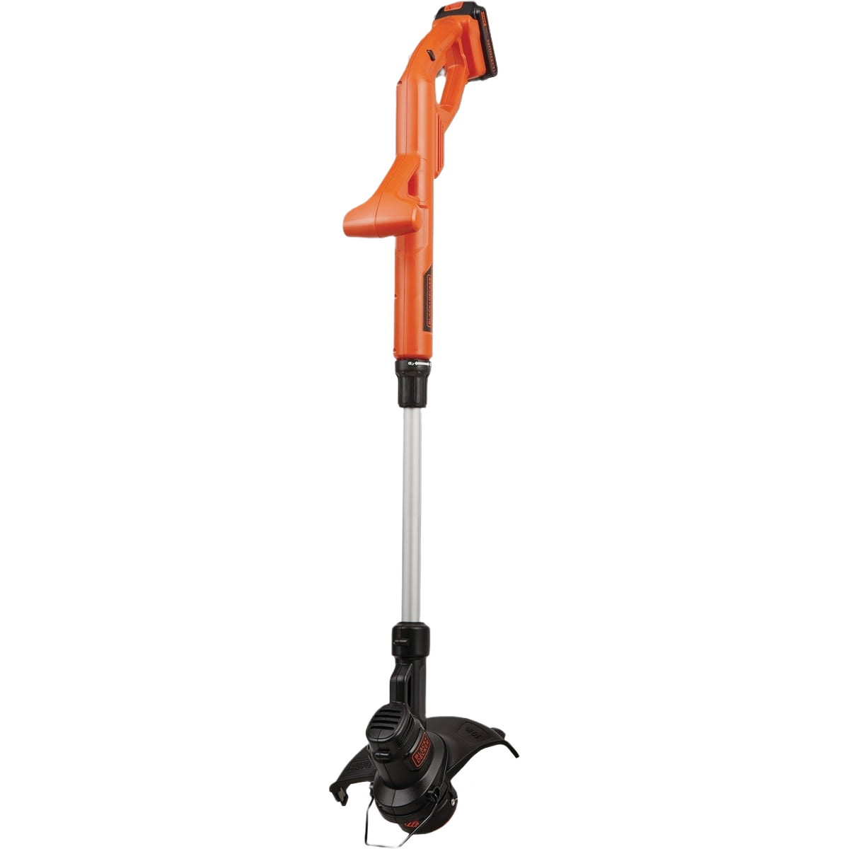 Orange cordless string trimmer and edger with adjustable shaft for lawn care and home improvement tasks