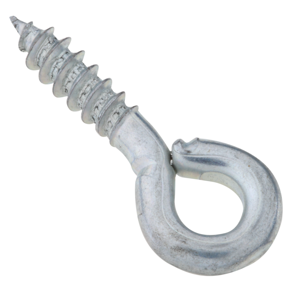 Small zinc-plated screw eye with sharp tip for fast installation in wood, used in hardware and home improvement projects