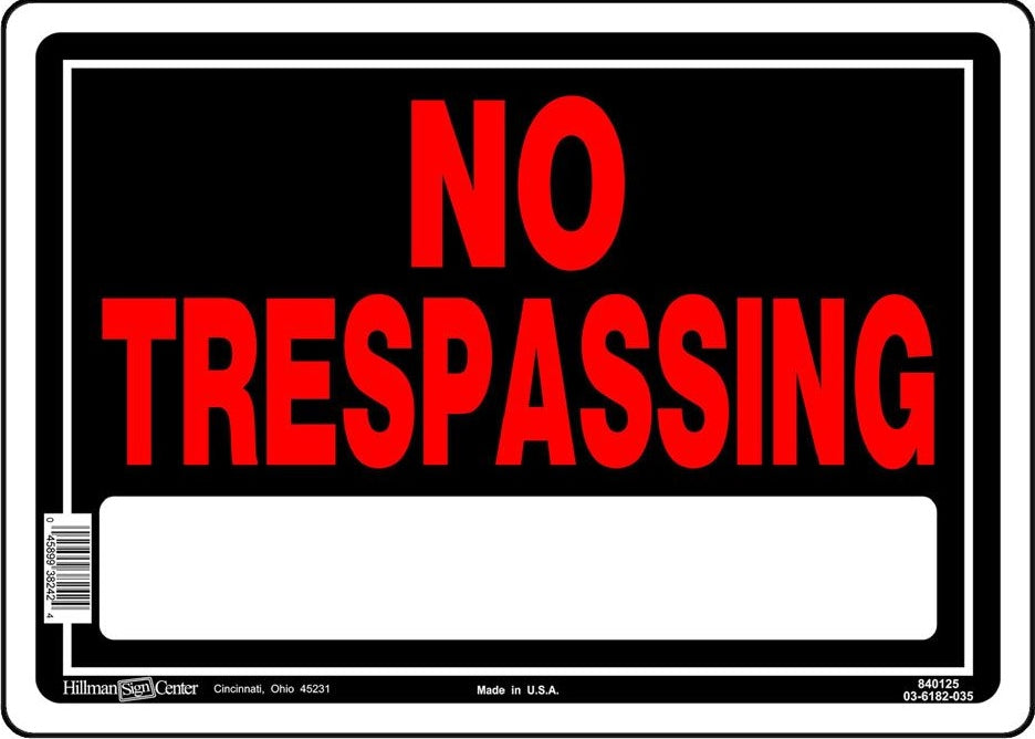 Black aluminum no trespassing sign with bold red letters and blank space, part of hardware and signs collections