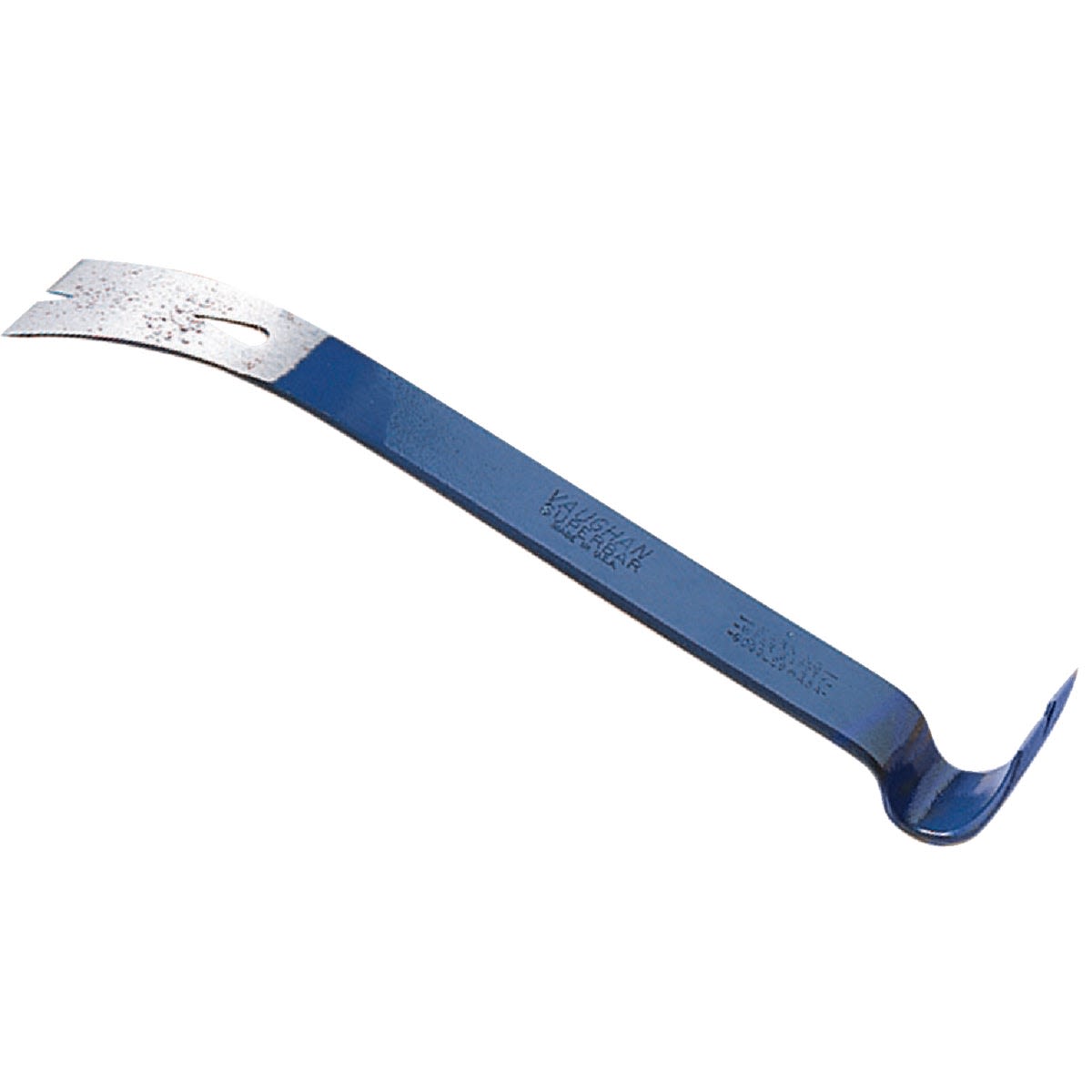 Blue steel pry bar with curved and flattened ends for leverage in home improvement and demolition tasks