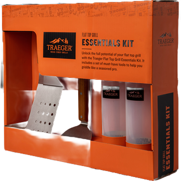 Traeger flat top grill essentials kit with scraper, spatula, and squeeze bottles in grill accessories collection