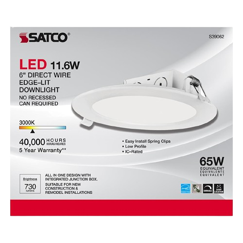 Satco 11.6W LED round edge-lit downlight with direct wire design for lighting and electrical home improvement
