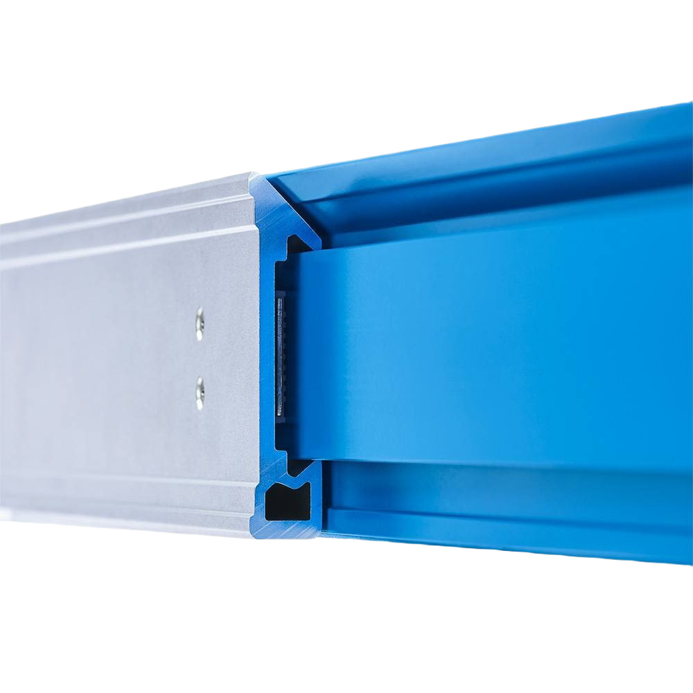 Close-up of aluminum frame and blue extendable section of a box level for woodworking and measuring tools collections