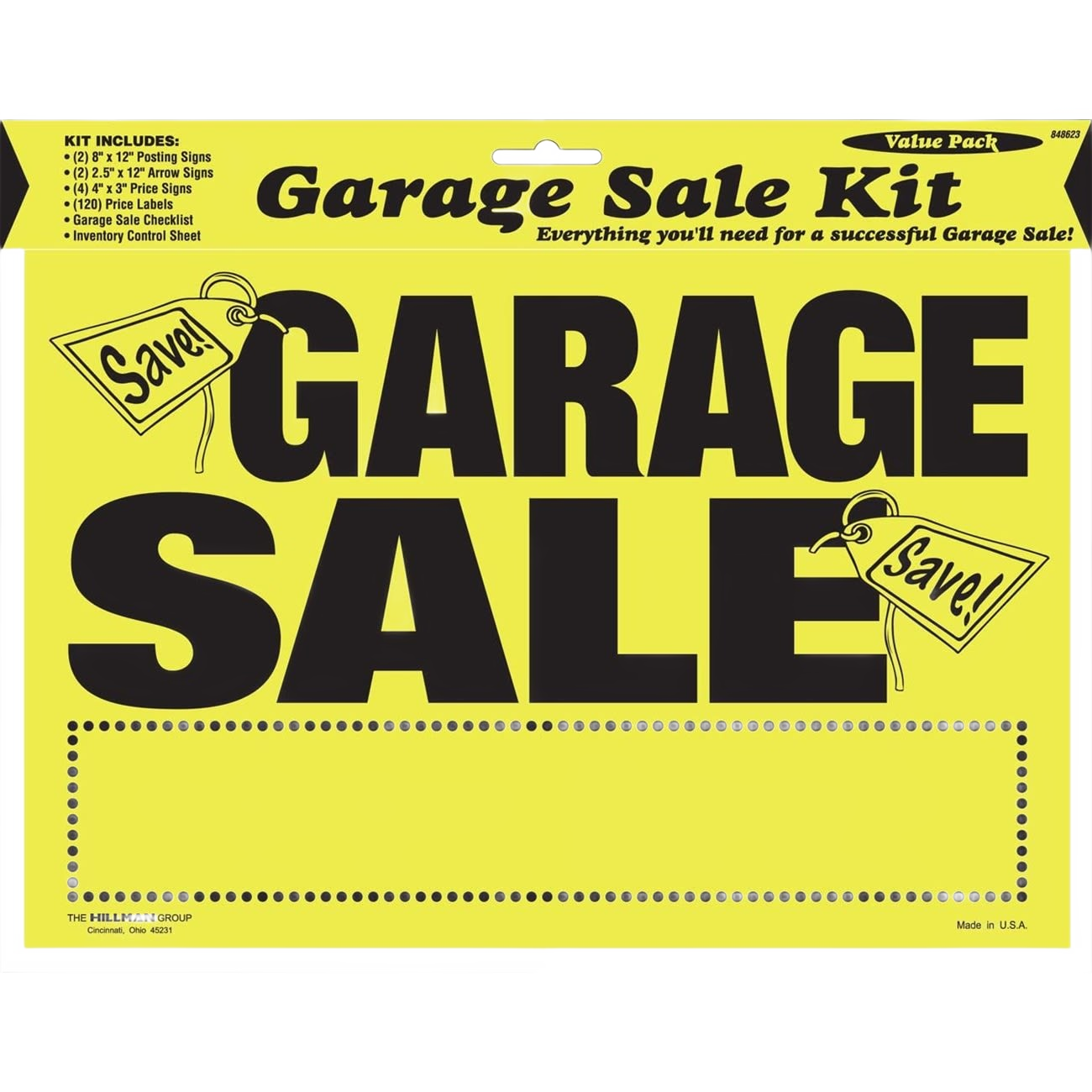 Bright yellow and black garage sale sign kit with large bold lettering and included labels for organization and planning