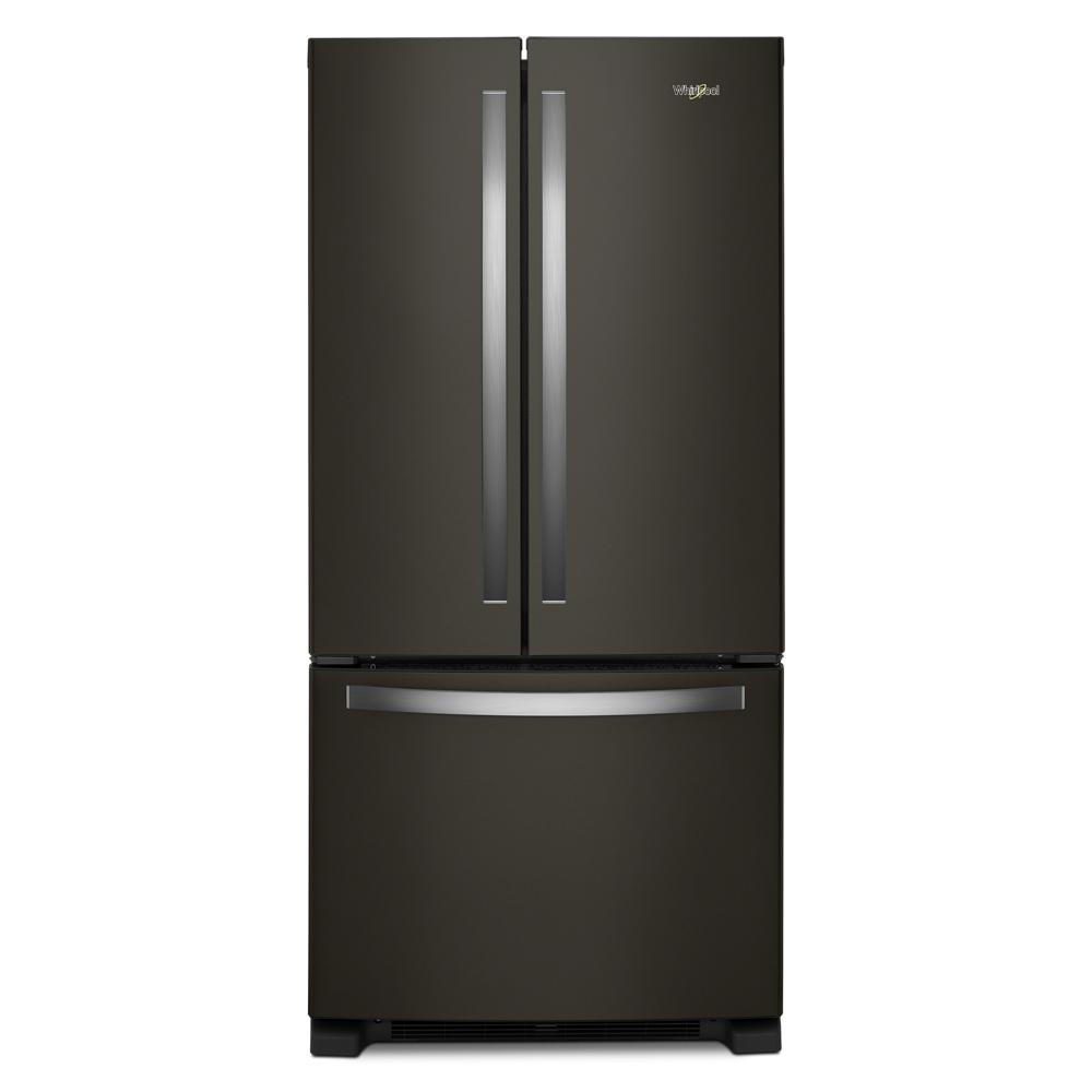 33-inch wide black stainless steel French door refrigerator with bottom freezer in kitchen appliances collection