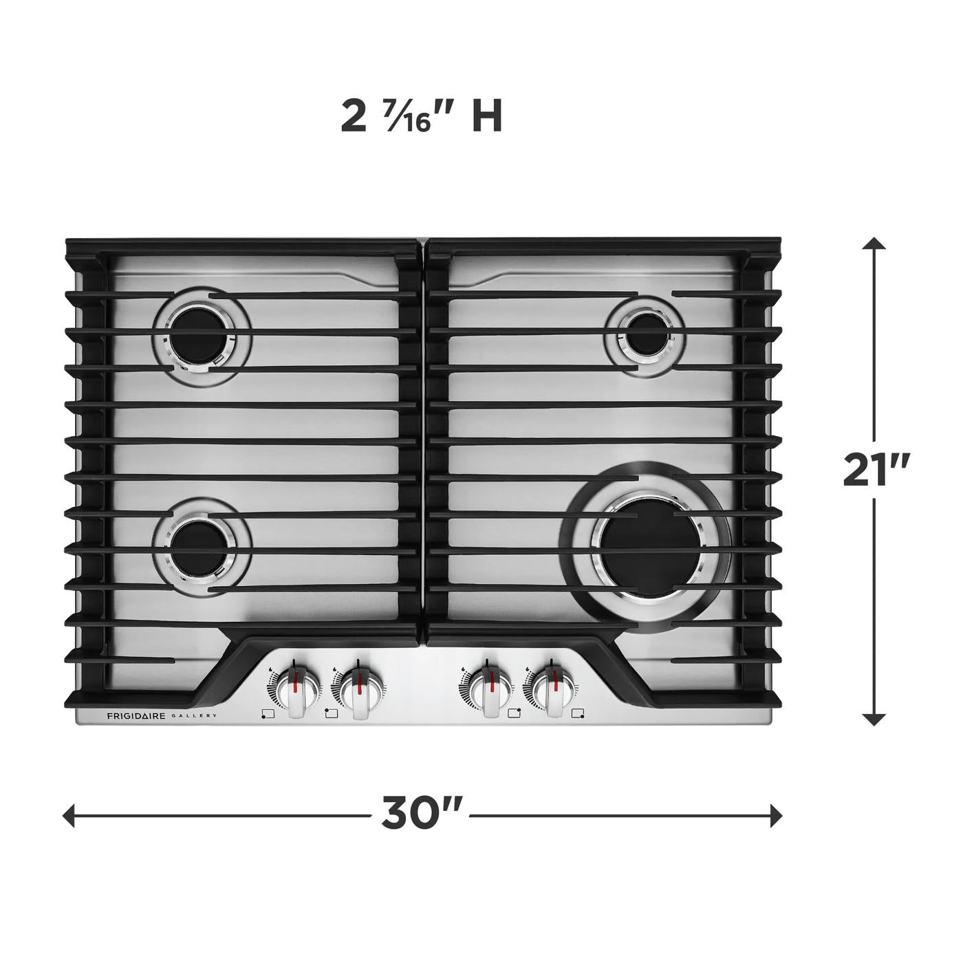 Top-down view of stainless steel 30-inch gas cooktop with four burners and continuous black grates in kitchen appliances collection