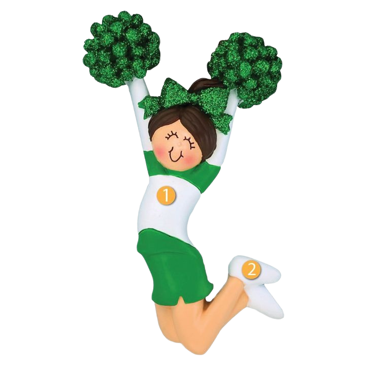 Brunette female cheerleader ornament in green uniform with glittery pom-poms from Christmas Ornaments collection