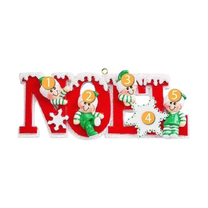 Red "Noel" ornament with snow-covered top and three smiling elves in green from Christmas Ornaments & Tree Decorations under $50 collection