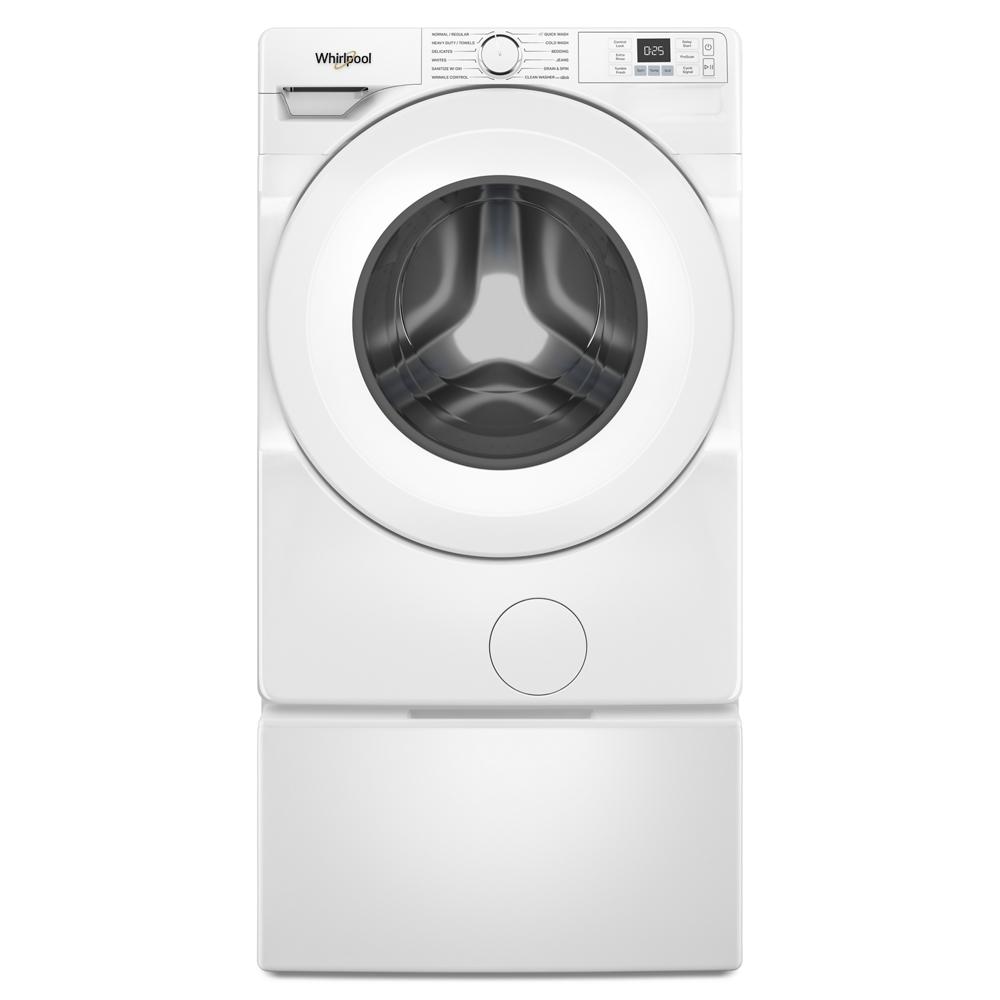 White front load washer with digital display, control knob, and large tinted circular door in washers and appliances collection