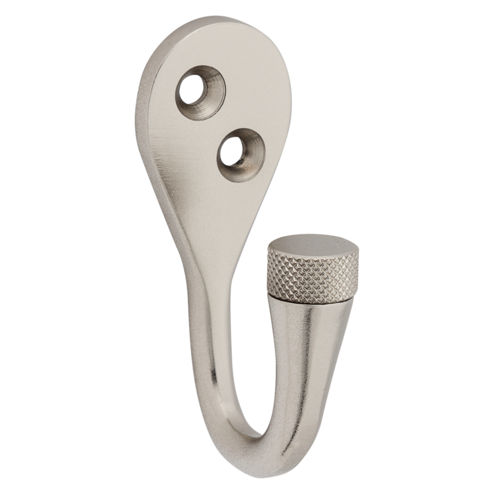 Satin nickel knurled hook designed for hanging accessories, ideal for home improvement and hardware projects under $50