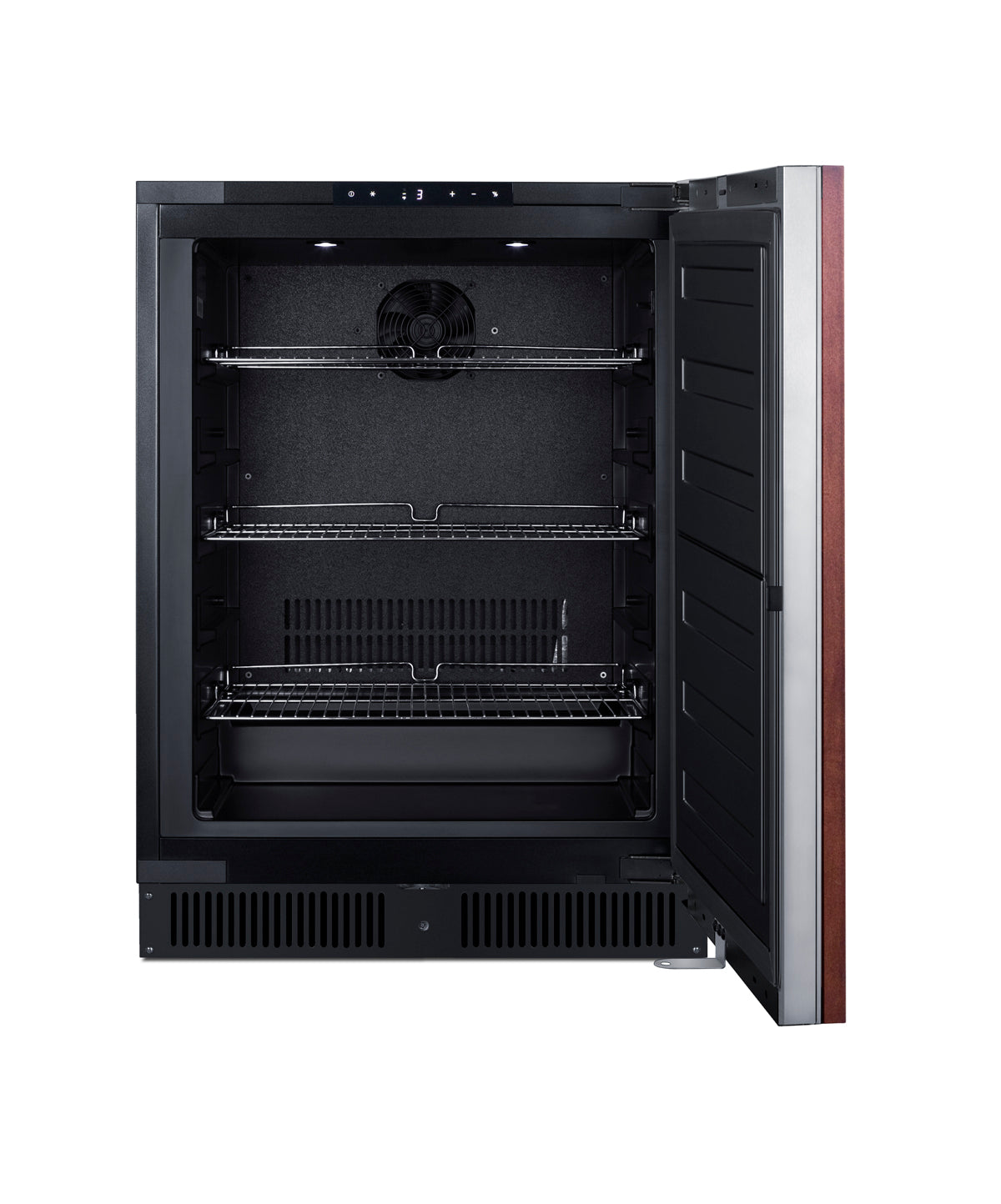 Open 24-inch built-in all-freezer with black interior and shelves, part of Freezers & Ice Makers collection
