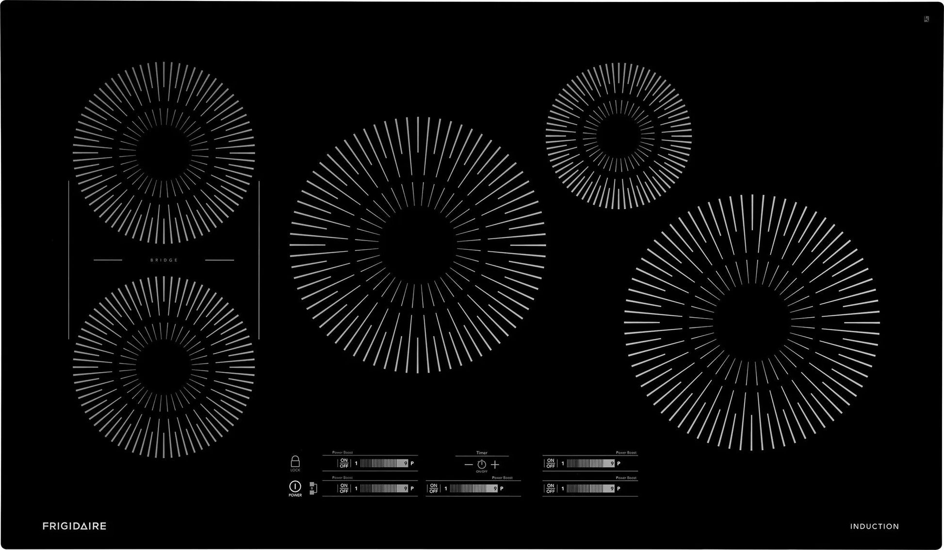 Black induction cooktop with five radiant burner outlines and touch controls from kitchen appliances collection