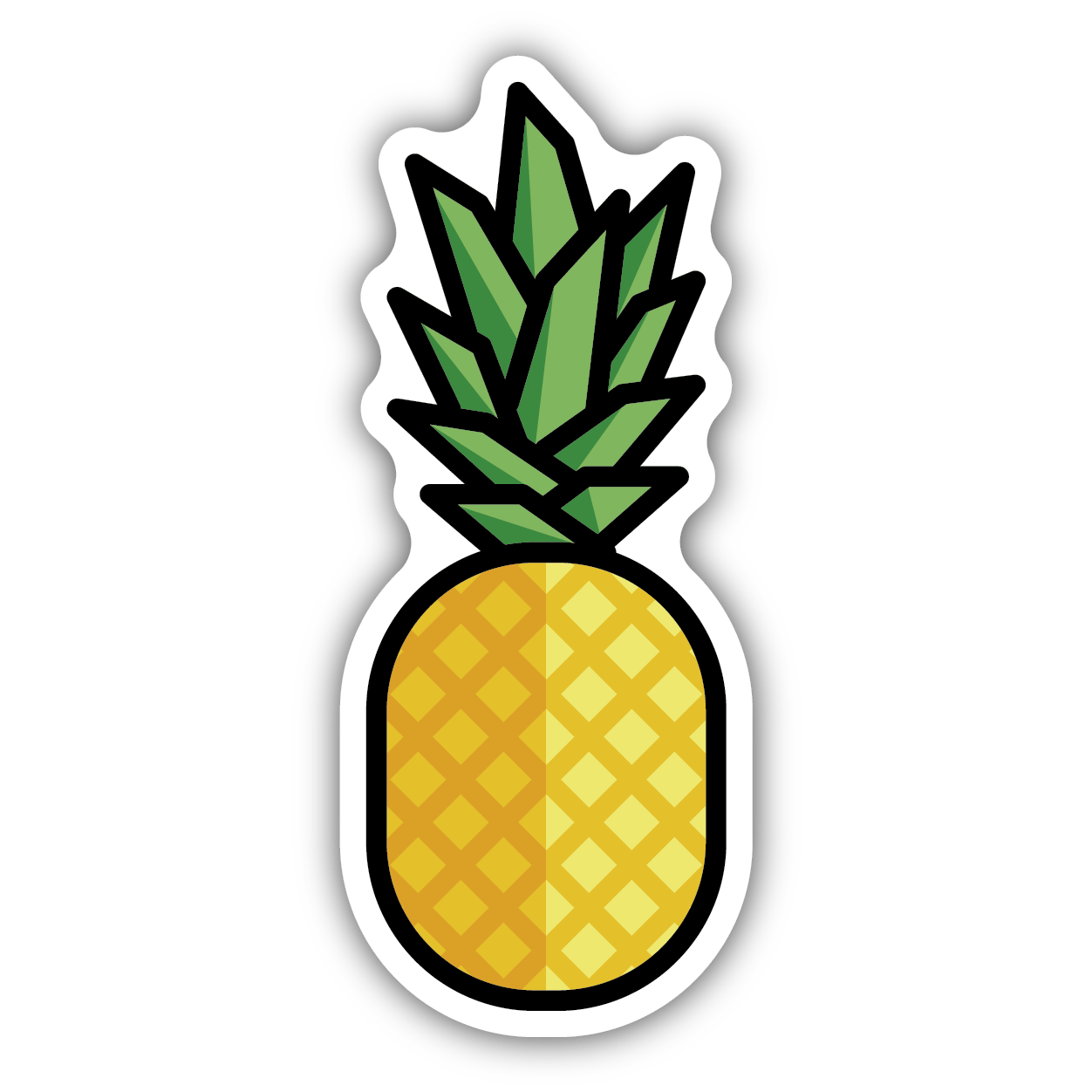 Illustrated pineapple sticker with green leaves and yellow patterned body outlined in white for decorative use