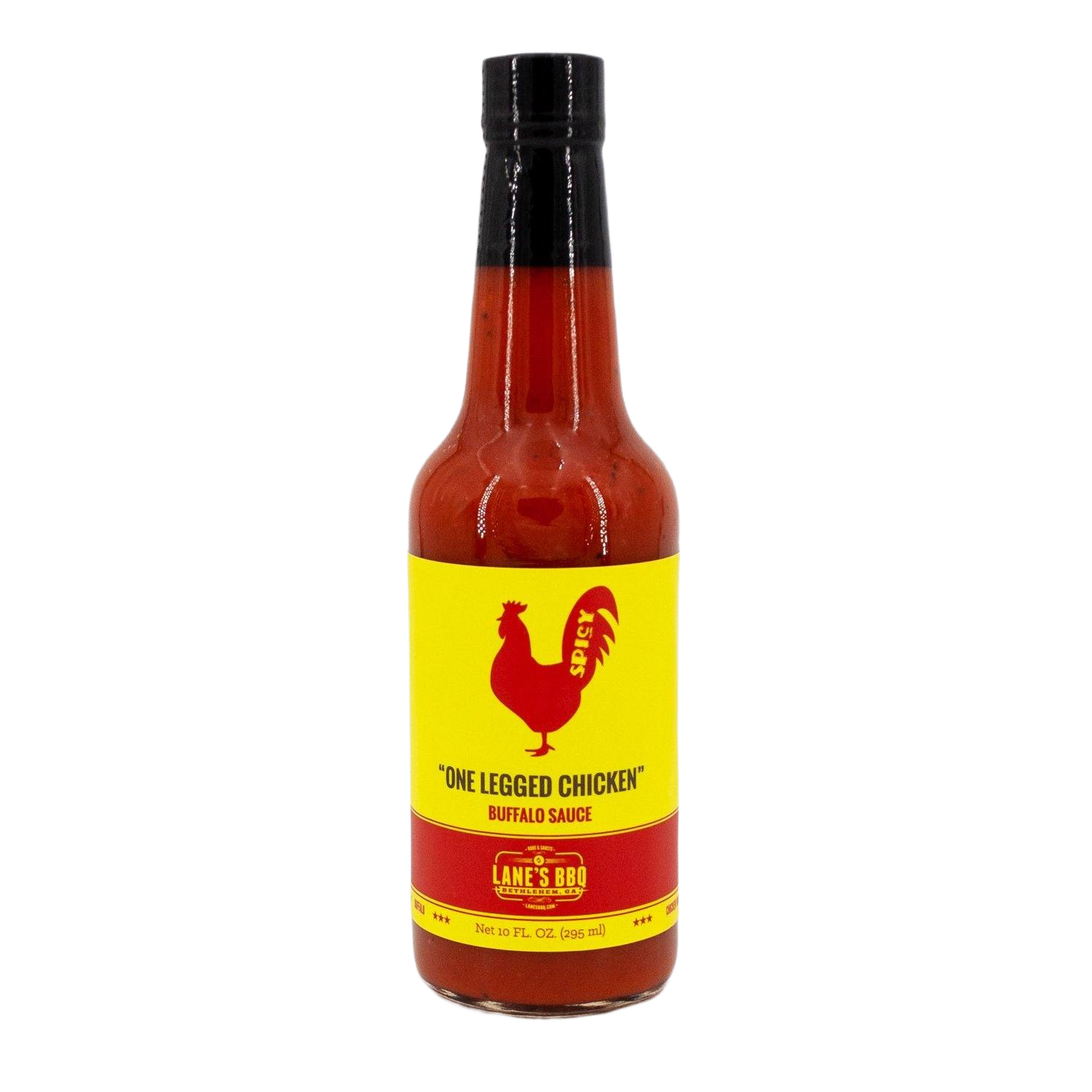 Bottle of Lane's One Legged Chicken Buffalo Sauce with bright yellow and red label in grilling sauces collection