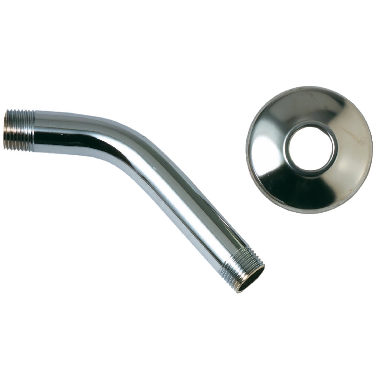 Polished brass shower arm and flange set with threaded ends for standard plumbing and home improvement use