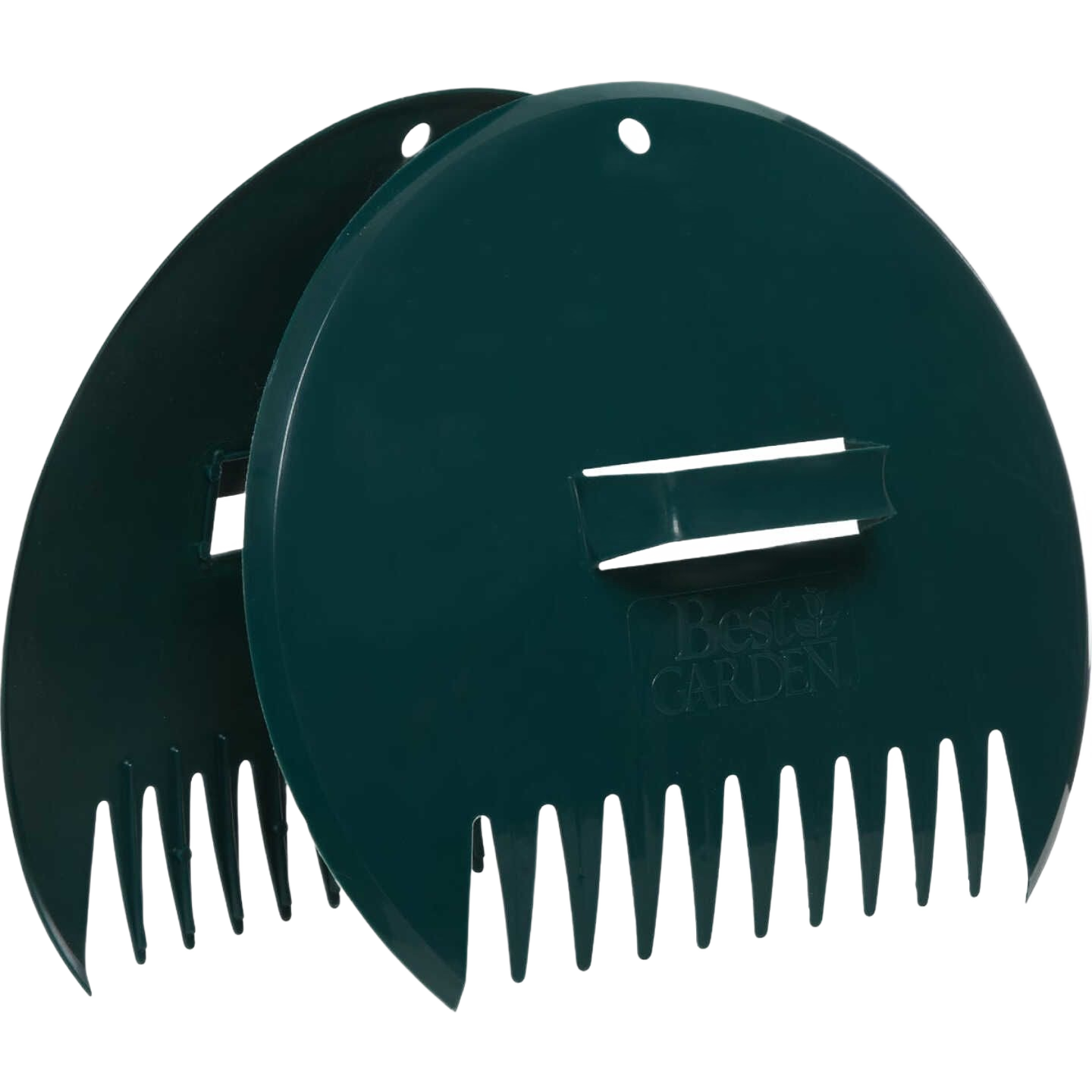Pair of durable dark green plastic leaf scoops with built-in handles for yard cleanup in garden tools and outdoor equipment collections