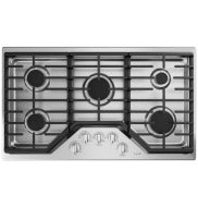 Stainless steel 36-inch gas cooktop with five burners and front control knobs for kitchen and home improvement collections