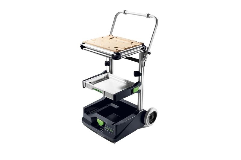 Compact mobile workshop cart with customizable wooden top and storage trays for woodworking tools and site mobility