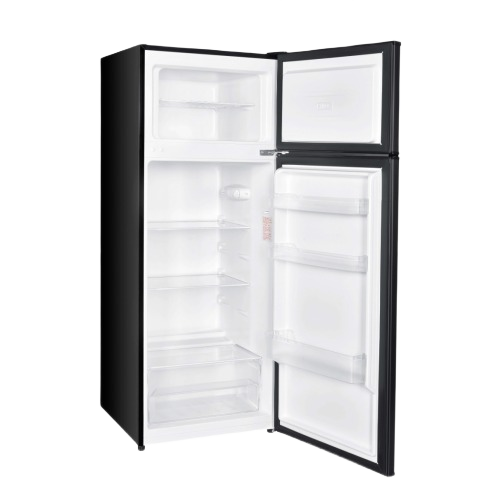 Black mid-size refrigerator with top freezer, manual defrost, crisper with cover, and adjustable shelves in kitchen appliances collection