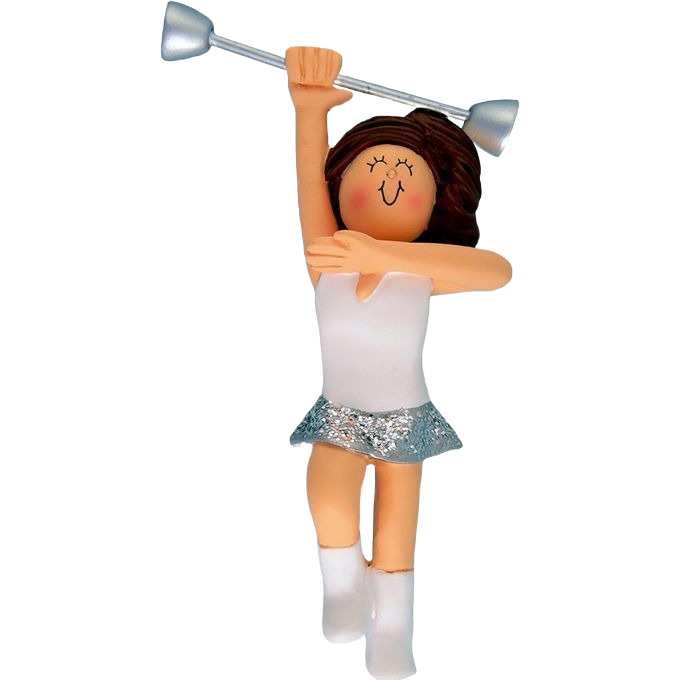 Brunette female baton twirler figurine with silver skirt, festive Christmas ornament under 50 dollars decor