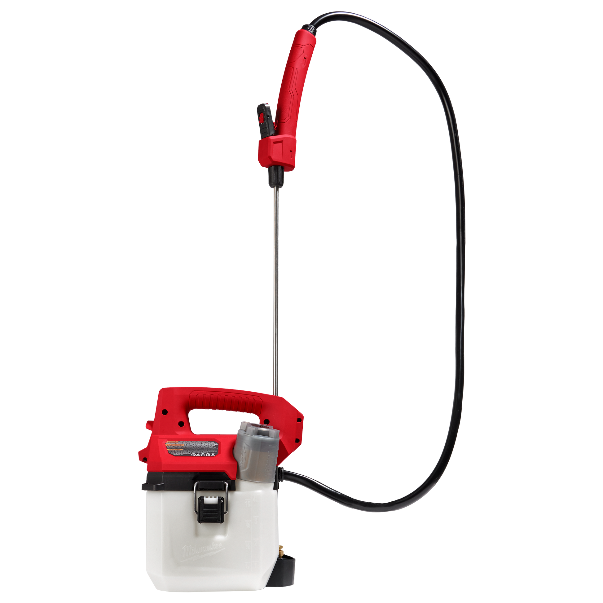 Red and white handheld sprayer with integrated tank, ergonomic pistol grip, metal wand, and flexible hose for home improvement tasks