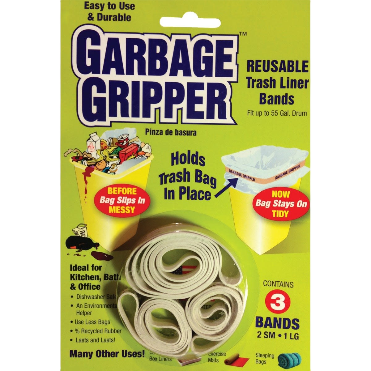 Reusable white rubber bands for securing trash bags, designed to fit kitchen, bathroom, and office bins up to 55 gallons