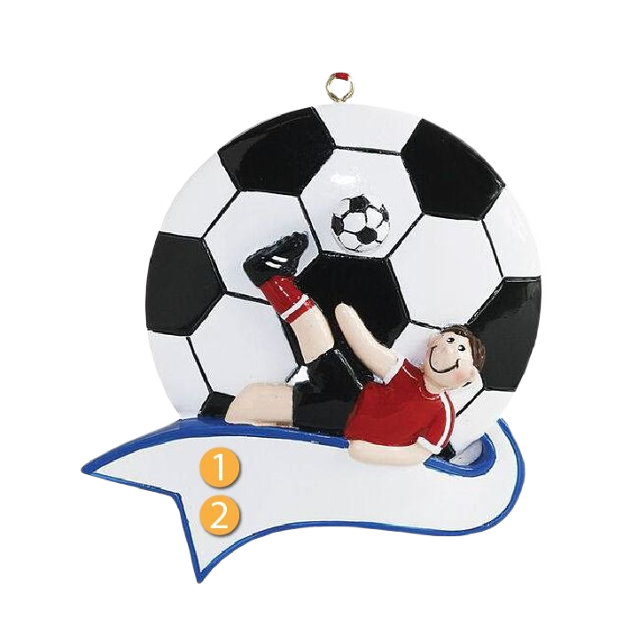 Boy figurine kicking soccer ball with personalized number area on Christmas tree ornament in holiday decor collection