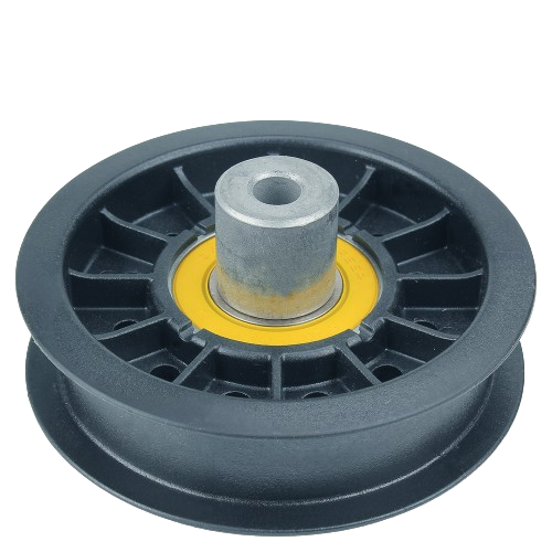 Black flat idler pulley with metal bushing and yellow bearing designed for tools and home improvement tasks
