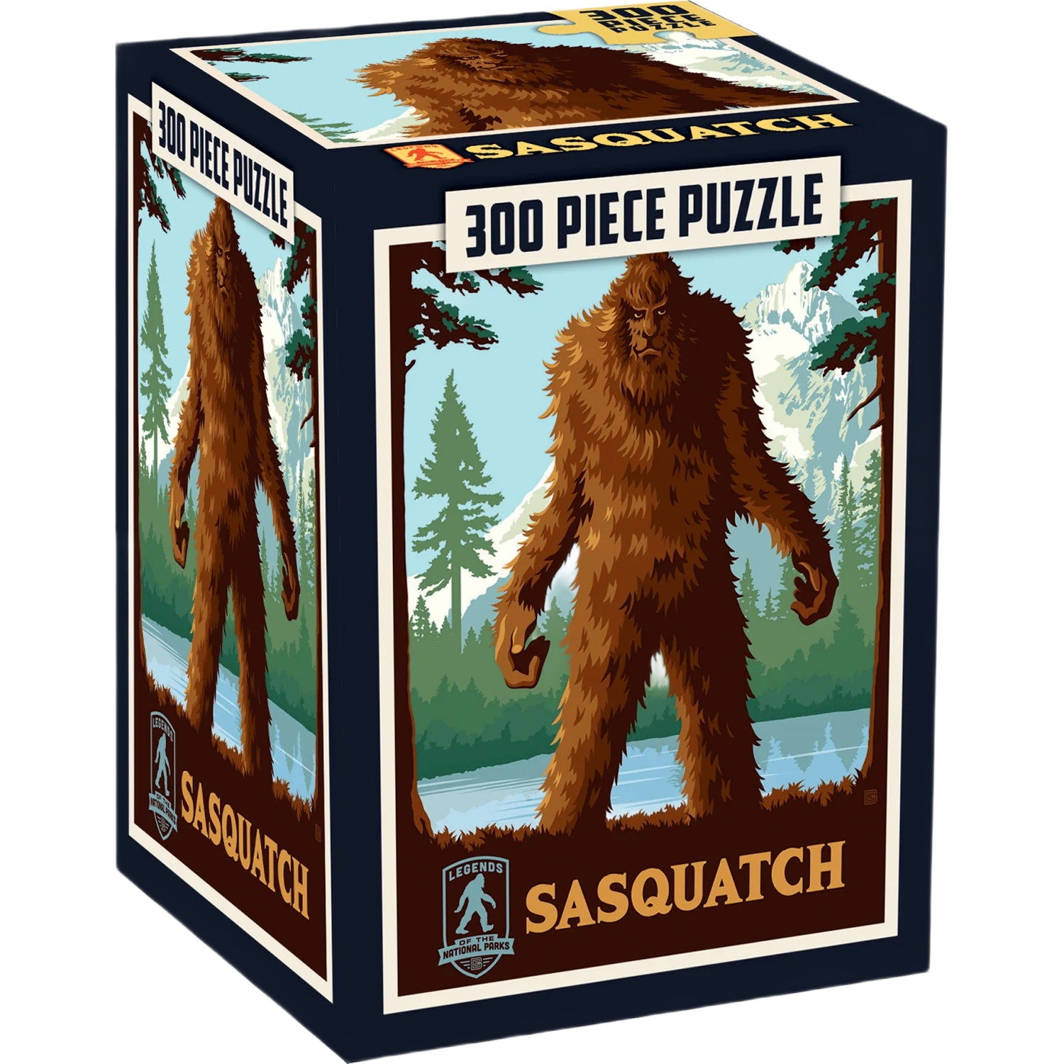 300-piece Sasquatch puzzle box featuring a forest scene for toys and games, puzzles, and under $50 collections