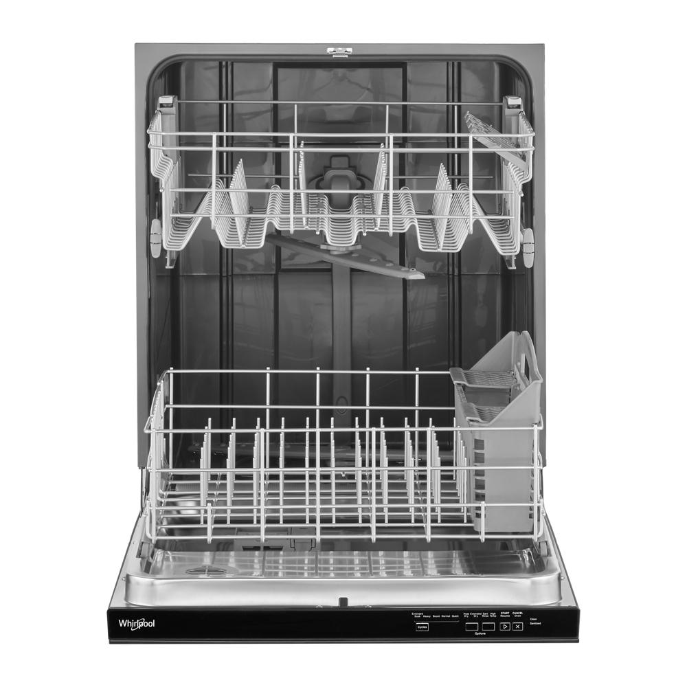 Open stainless steel dishwasher interior with adjustable upper rack and utensil holder in appliances collection