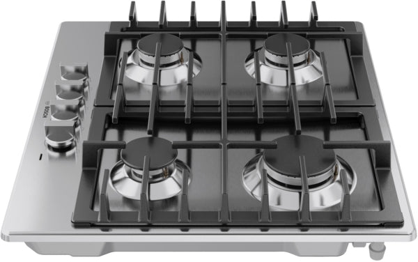 Stainless steel gas cooktop with four high-efficiency burners and heavy-duty cast iron grates in kitchen appliances collection