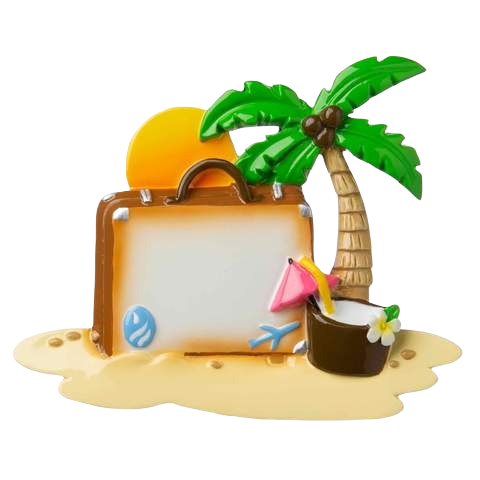 Retirement ornament with tropical palm tree, suitcase, and cocktail on sandy beach from Christmas Ornaments & Tree Decorations collection