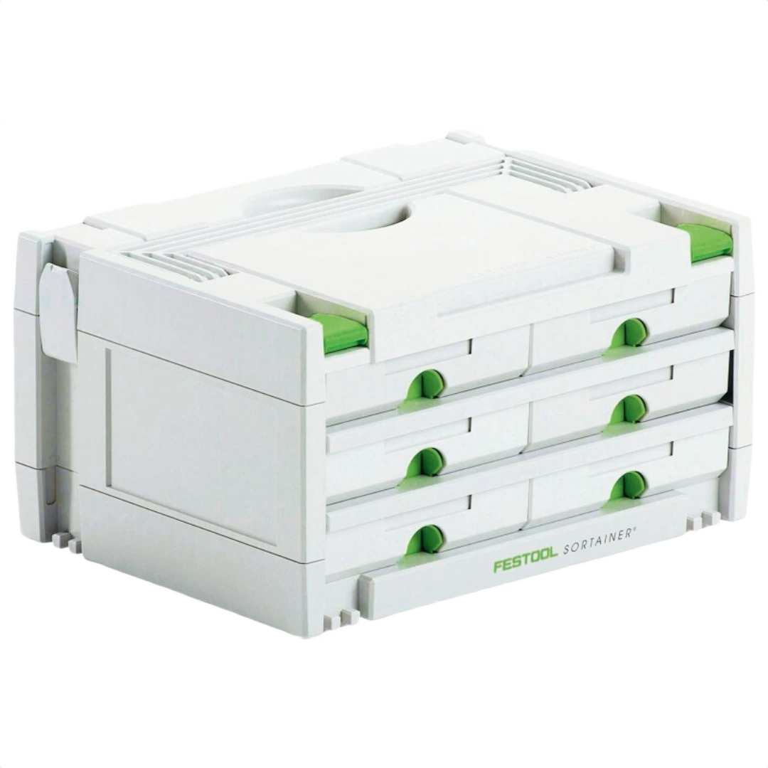 Compact white plastic storage organizer with six drawers and green latch tabs for workshop tool storage and home improvement projects