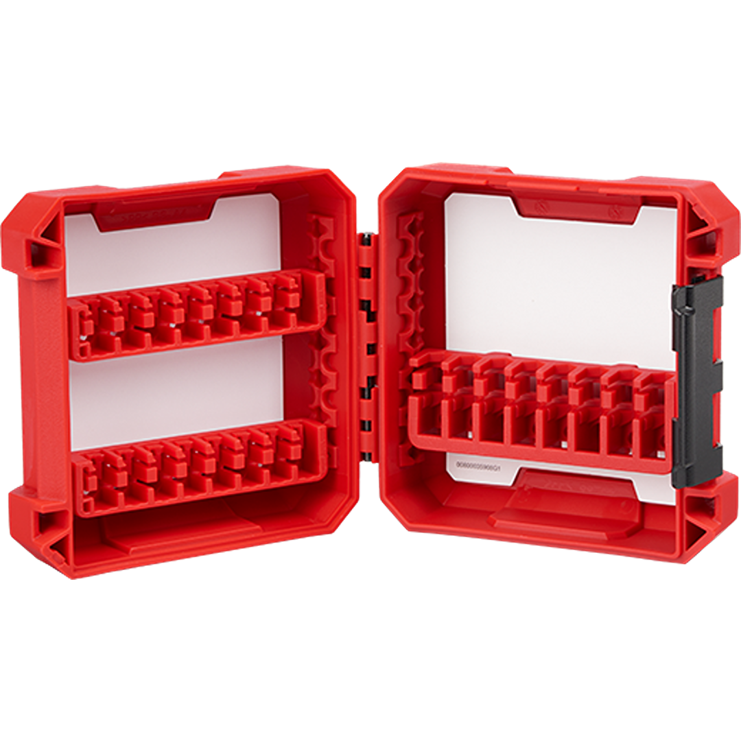 Red compact storage case with multiple slots for organizing impact driver bits and accessories efficiently.
