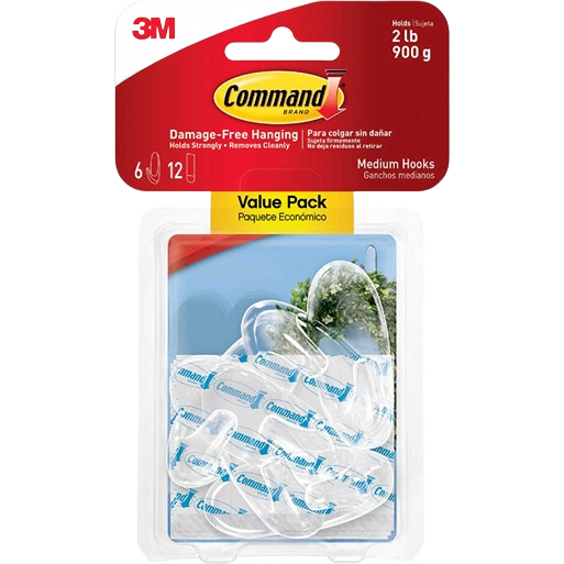 Clear medium adhesive hooks in 6-pack for strong, damage-free hanging on various surfaces in hardware and fasteners under $50 collections