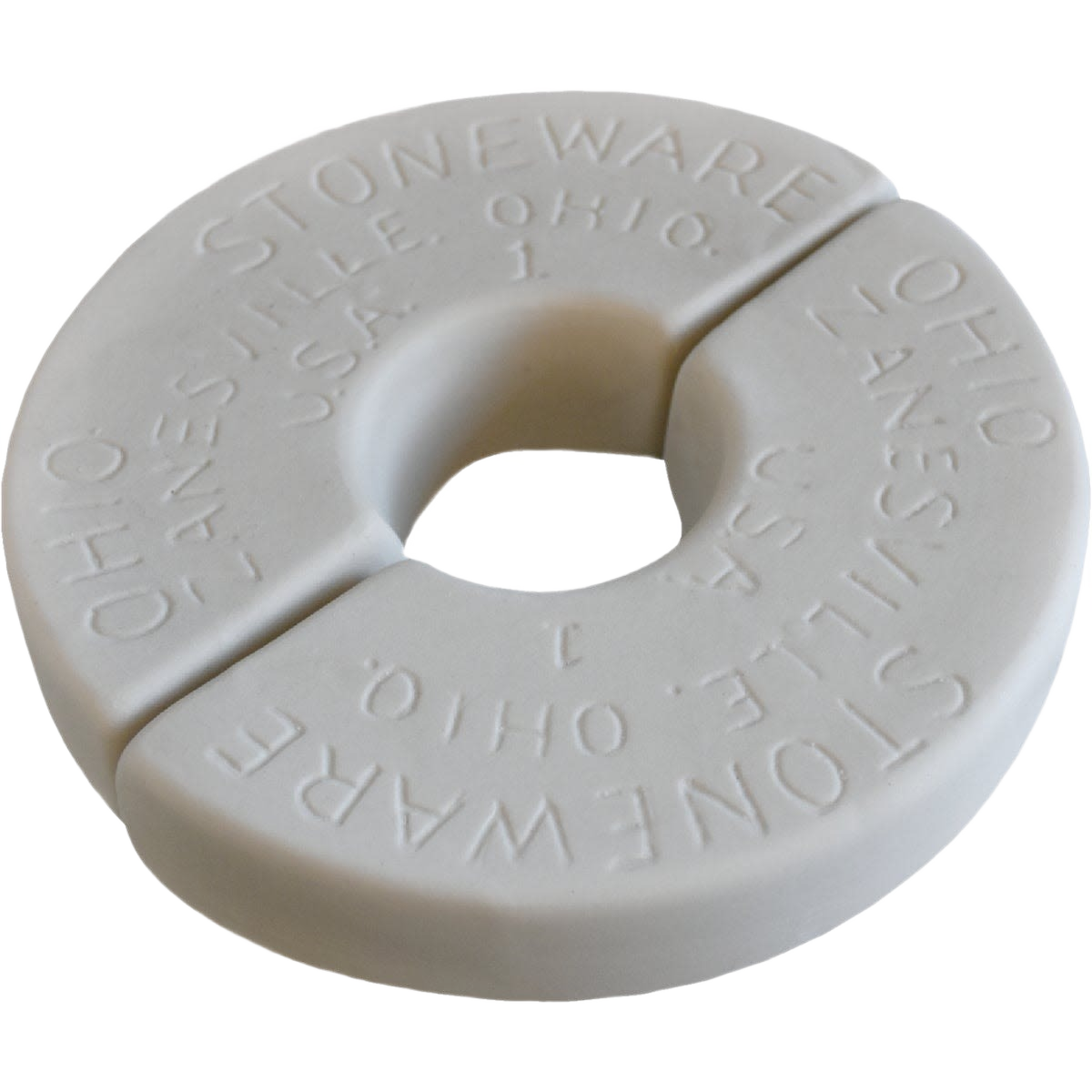 Round ceramic weight stone in white with embossed Ohio Stoneware lettering for kitchenware and fermentation use